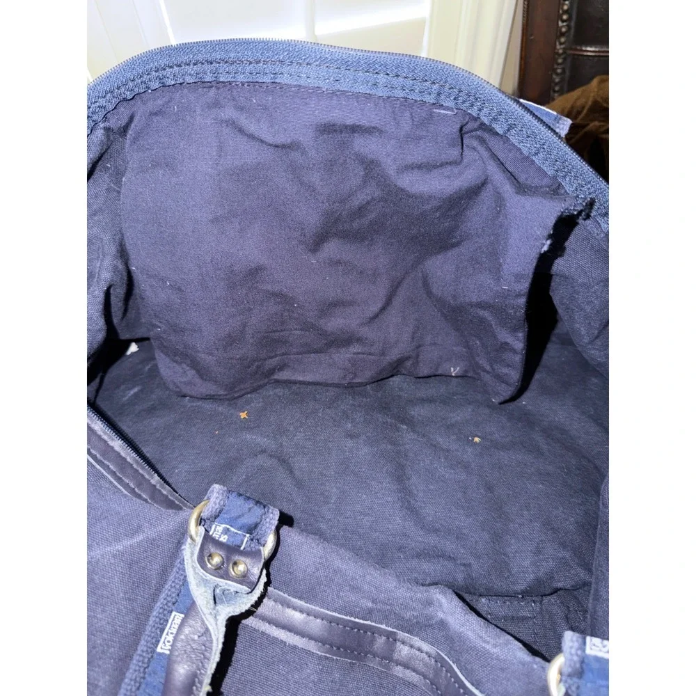 Goldman Sachs Navy Blue Canvas Duffel Bag Leather Trim Travel Weekend Gym Bag